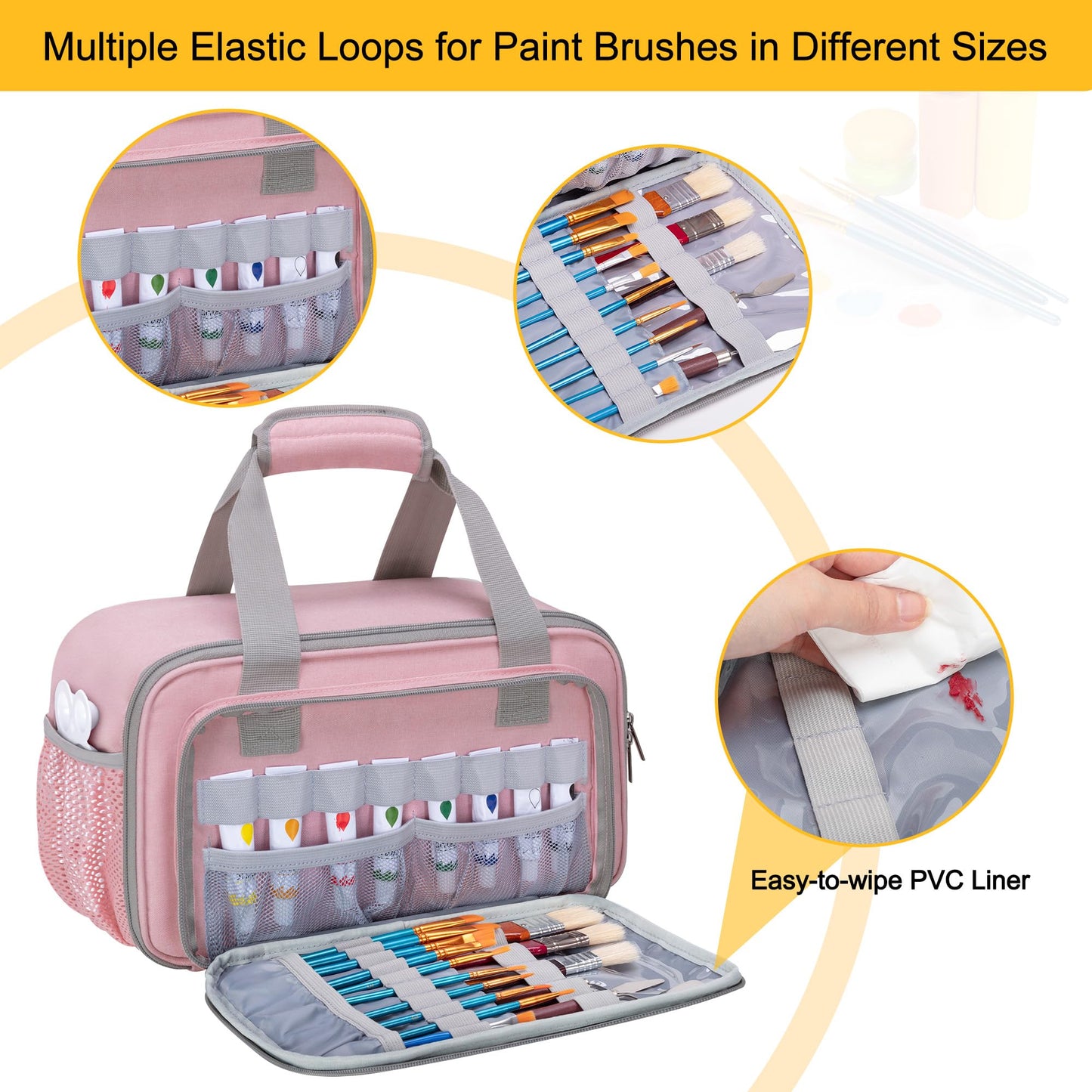 Acrylic Paint Organizer Bag for up to 54 Bottles (2 oz), Art Supply Storage Case with Handle Strap, Extra Pocket for Paint Brushes, etc, Aluminum Foil Liner for Easy Cleaning, Patented Design (Pink)