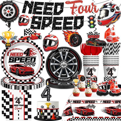 Need Four Speed Birthday Decorations Banner 4th Race Car Cake Topper Racing Balloons Plates and Napkins Need 4 Speed Decorations 4th Birthday 4 Year Old Boy Decorations