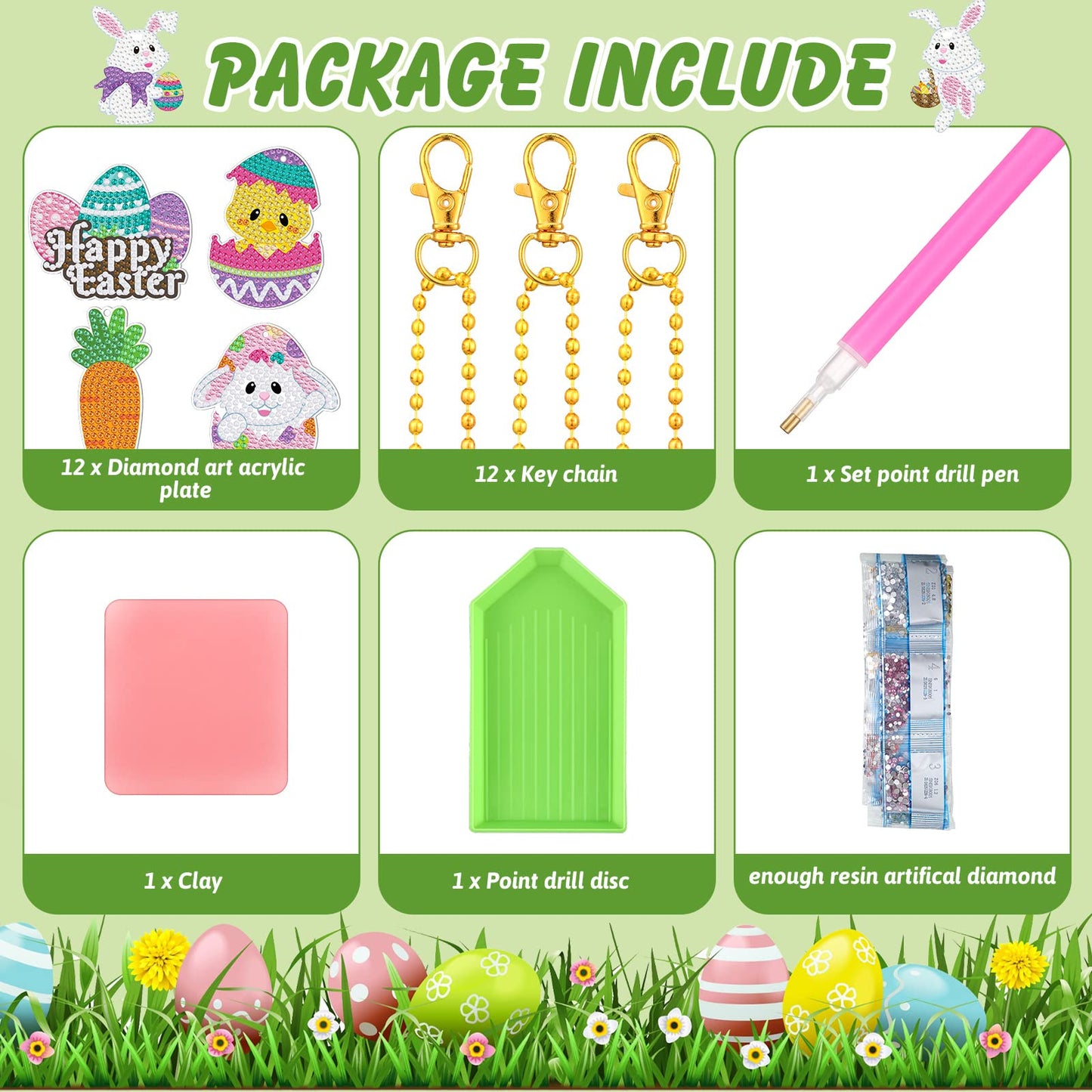 Ferraycle 12 Piece Easter Diamond Painting Kit 5d DIY Diamond Art Kits with Easter Egg Bunny Carrot Hanging Ornaments for Spring Crafts Family Decor
