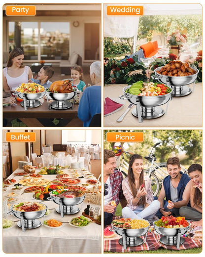 Chafing Dish Buffet Set 2 Pack, 5 QT Round Stainless Steel Chafer and Food Warmers with Food & Water Pan, Lid, Frame, Fuel Holder for Catering, Parties, Events, Wedding, Camping, Dinner