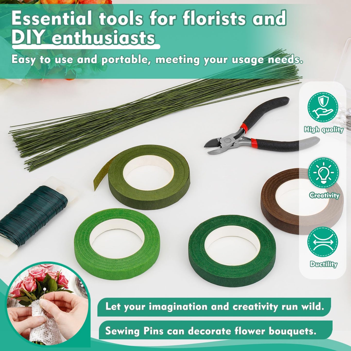 SOCNITC Floral Tape and Wire, Florist Arrangement Tools Kit with Floral Tape Wire Cutter Boutonniere Pin for Bouquets,Wrap Florist,Flower Project