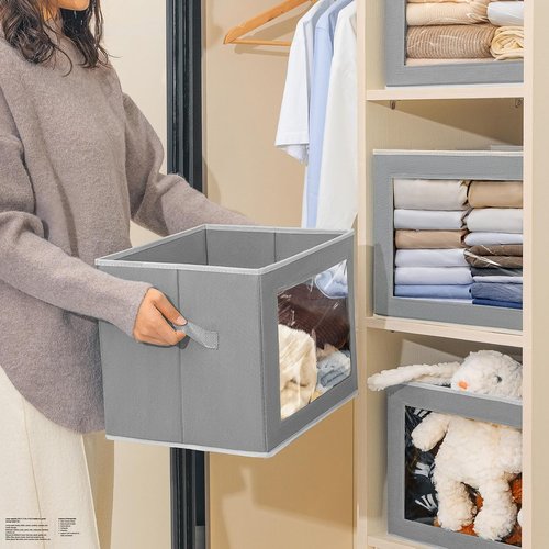 Homsorout Large Storage Bins - Collapsible Fabric Cubes with Lids & Window | 15.7 Inch Grey Baskets, 6 Pack