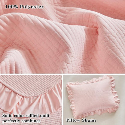 Flysheep Pink Ruffle Quilt Set Twin Size, 2 Pieces Shabby Chic Farmhouse Striped Bedspread Coverlet Set, Solid Lightweight Soft Microfiber Bed Cover for Kids (1 Ruffled Quilt + 1 Pillow Sham)