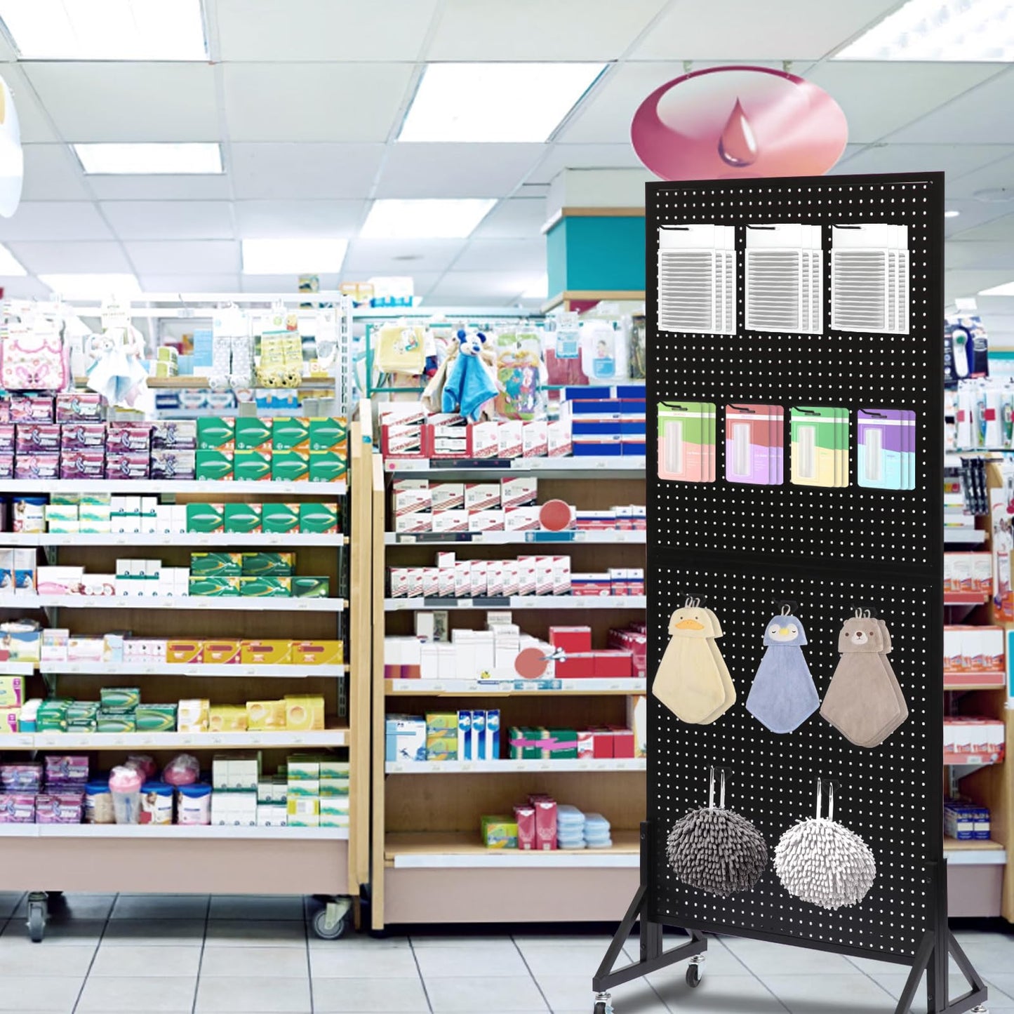 Eastern Tree 2.5'x 6' Metal Pegboard Display Stand with T-Base, Black Peg Board Panels Display with Casters, Standing Pegboard Display, Retail Display Stand, Extra 10 Pieces Hooks, Black