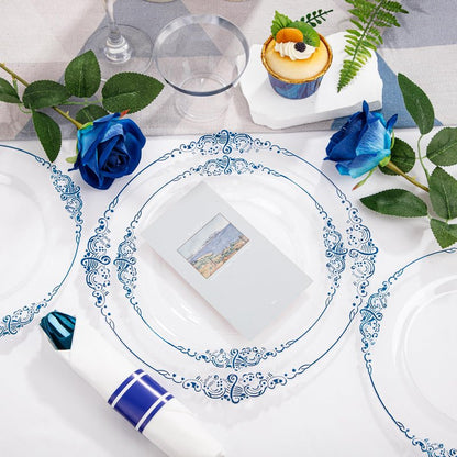 Hioasis 350pcs Clear Blue Plastic Plates - Elegant Disposable Dinnerware Set Suitable for 50 Guests Include 10.25" Dinner & 7.5" Dessert Plates, Pre Rolled Silverware Set, Cups for Party & Wedding
