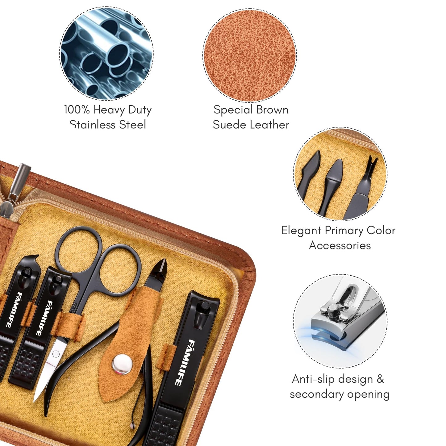 FAMILIFE Manicure Set, Nail Professional Kit Manicure Kits Nail Clipper Sets, 13PCS Stainless Steel Pedicure Sets Mens Grooming Tool, with Brown Leather Travel Case for Men