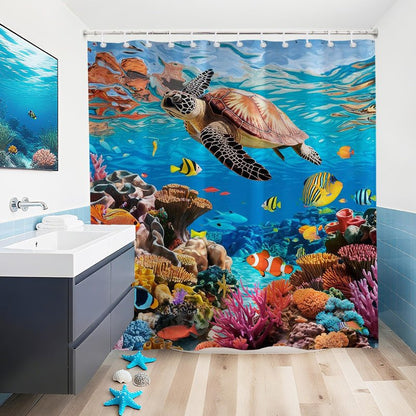 Mocsicka Ocean Shower Curtain Sea Turtle Underwater World Bathroom Decor for Kids Under The Sea Shower Curtain for Bathroom Fishes Coral Waterproof Bath Curtain with Hooks (71x71 Inch, Ocean)