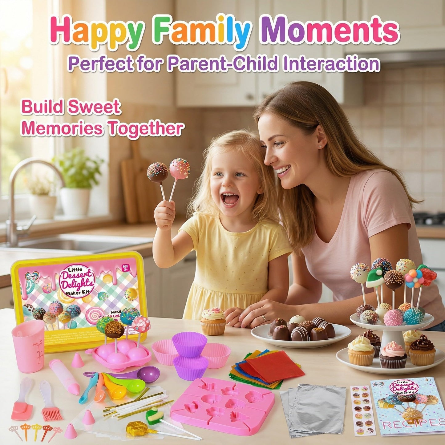 Carolart Cake Pop & Chocolate Lollipop Making Kit for Kids, 76-Piece Kids Baking Set with Storage Box, Silicone Molds, Melting Pot & Recipe, Kids Baking Supplies for Girls Boys Ages 6-12