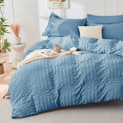 HYMOKEGE Queen Comforter Set - 7-Piece Mineral Blue Seersucker Luxury Bedding | All-Season Bed in a Bag