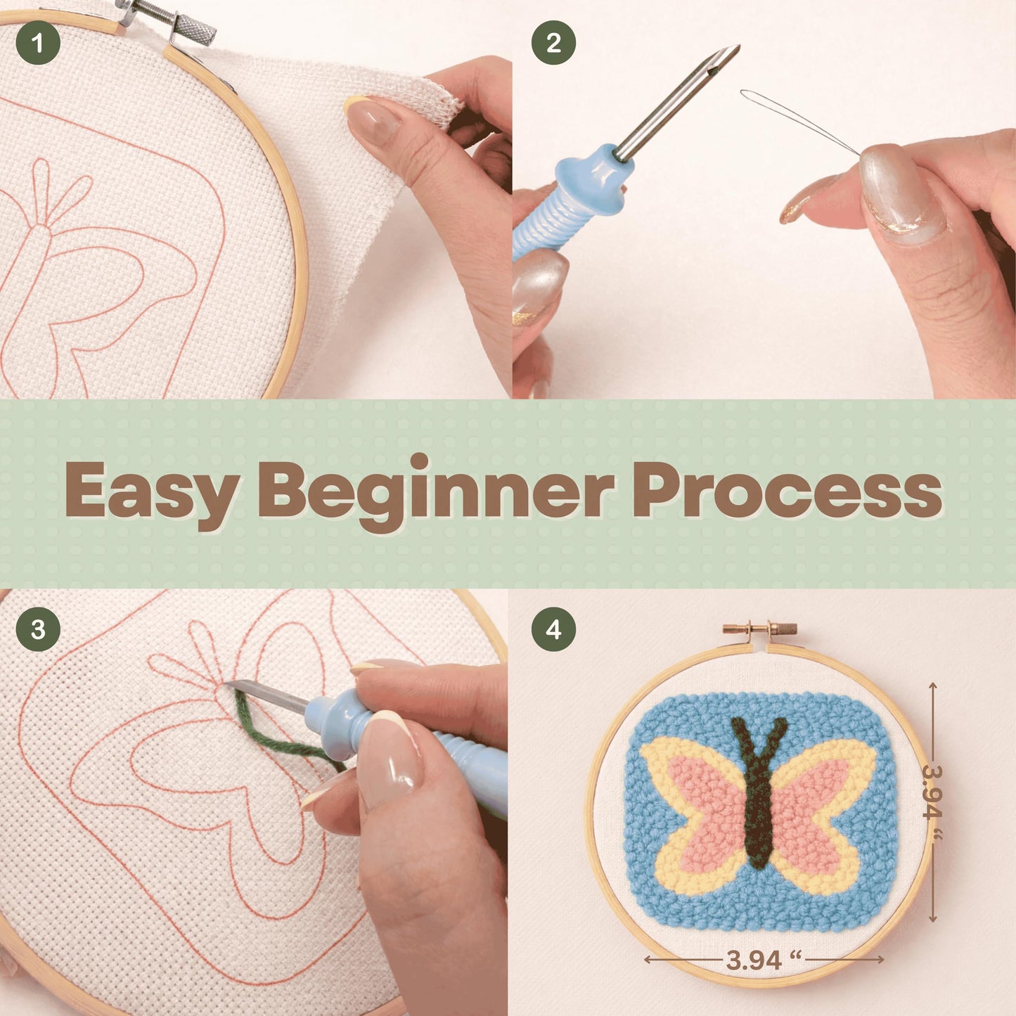 Kukovaya Punch Needle Kit for Beginners & Adults; Complete DIY Embroidery 6-Coaster Kit with Printed Fabric, Yarn, Needle, Hoop & Guide Easy Craft Kit for Home Decor, Gifts & Stress Relief