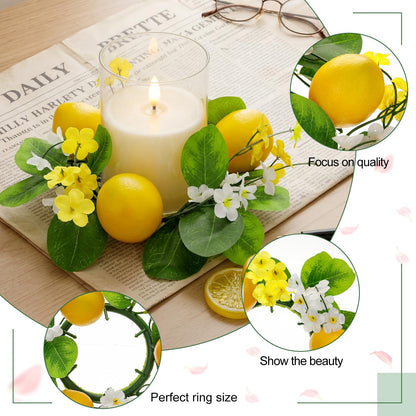 Yunlly 4 Pcs Artificial Lemon Candle Rings Wreaths Decorative Greenery Candle Holder with Yellow Lemons and White Flowers with LED Flameless Candles for Farmhouse Summer Wedding Home Table Centerpiece