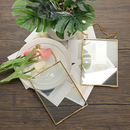 JUXYES Set of 2 Wall Hanging Brass Frames Ornament for Pressed Flowers, Double Glass Hanging Picture Artwork Display Frame, Vertical Gold Floating Style Gallery Wall Frame for Photo Picture Poster etc, 5x7 Inches