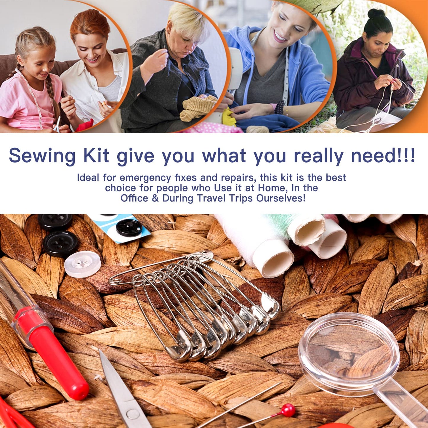 JUNING Sewing Kit with Case Portable Sewing Supplies for Home Traveler, Adults, Beginner, Emergency, Contains Thread, Scissors, Needles,Measuring Tape