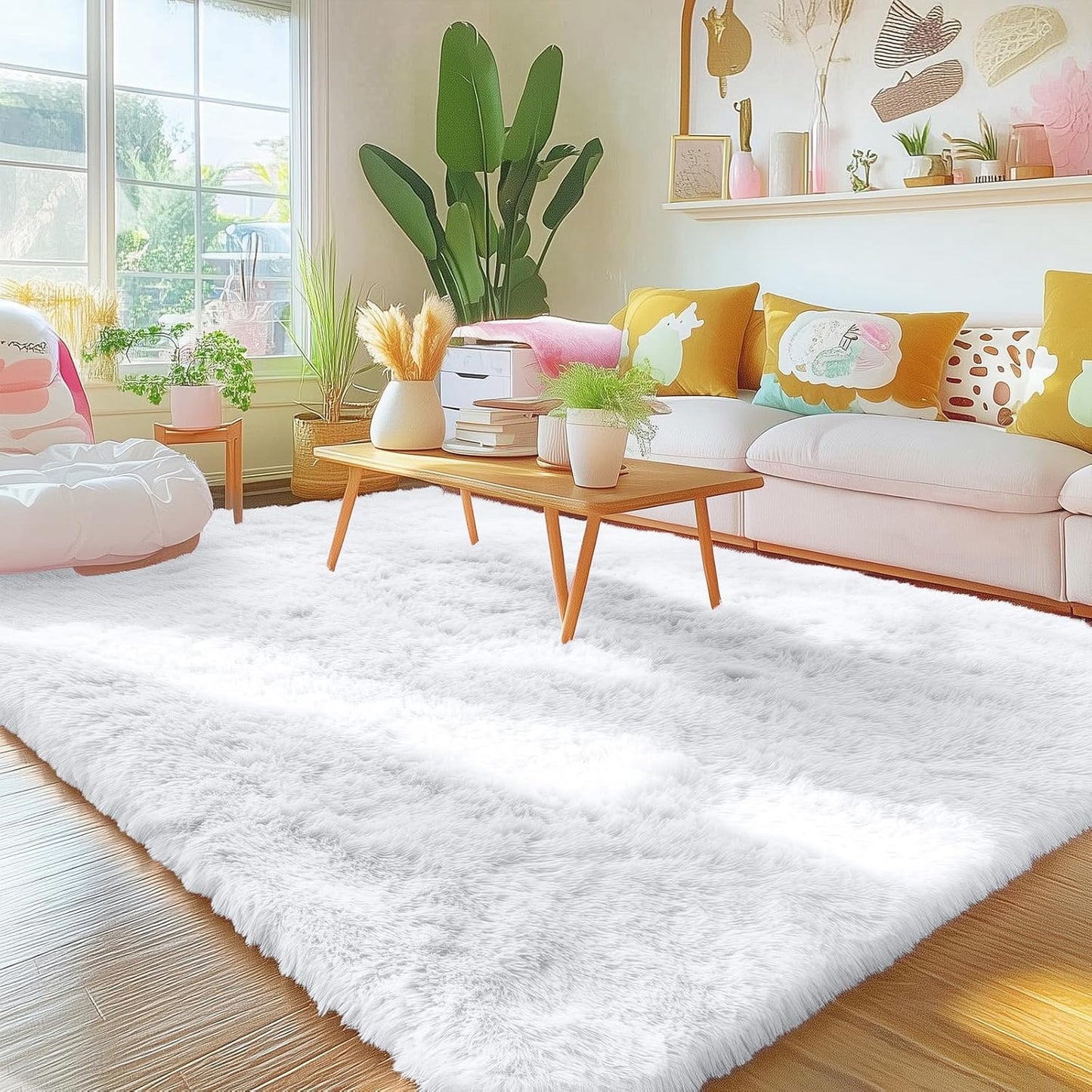 OLANLY Area Rugs - Soft Fluffy Shaggy Indoor Carpet for Living Room & Bedroom | 5x6 ft, White
