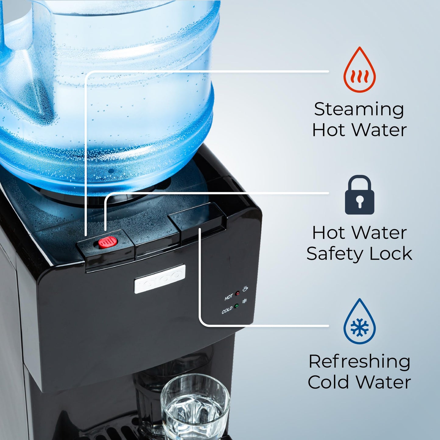Igloo Top Loading Water Cooler with Removable Drip Tray & Energy-Saving Features- Water Tower with Hot, Cold Temperature Settings- Water Dispenser Fits 3 & 5-Gallon Jugs with Child Safety Lock- Black