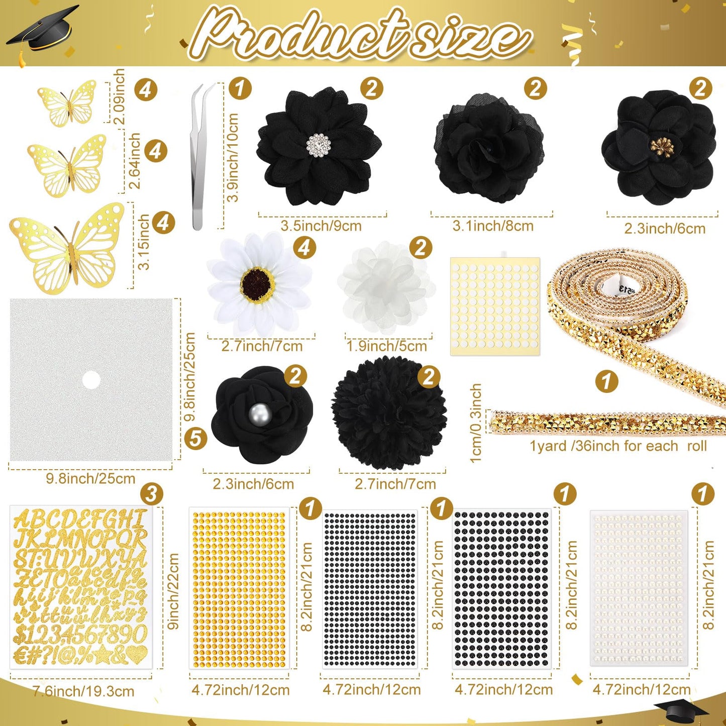 Wavwavw 43 PCS DIY Graduation Cap Decorations Kit, Grad Cap Decorations Included Faux Flowers 3D Butterfly Self Adhesive Rhinestones Stickers Alphabet Letter Stickers for 2026 Grad Party(Black)