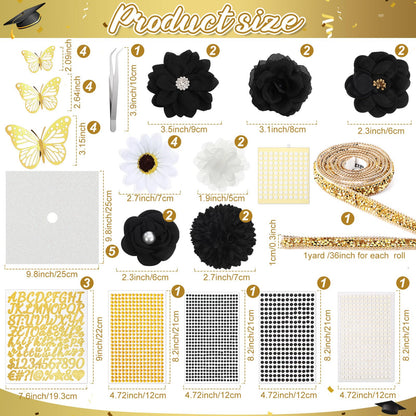 Wavwavw 43 PCS DIY Graduation Cap Decorations Kit, Grad Cap Decorations Included Faux Flowers 3D Butterfly Self Adhesive Rhinestones Stickers Alphabet Letter Stickers for 2026 Grad Party(Black)