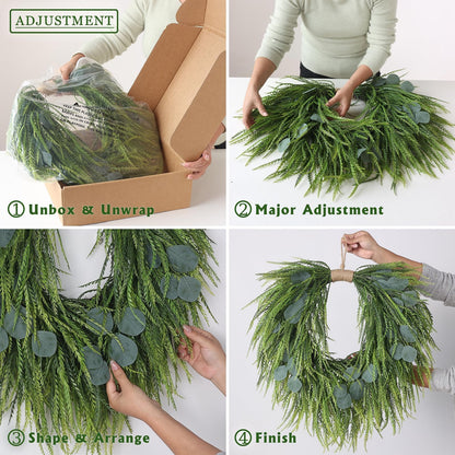 Artificial Saw Grass & Eucalyptus Wreath for Front Door, 22" Faux Saw Grass Fake Eucalyptu Greenery Hanging Heart Shaped Wreath for Wall, Farmhouse, Window,Home Decor | Spring Summer