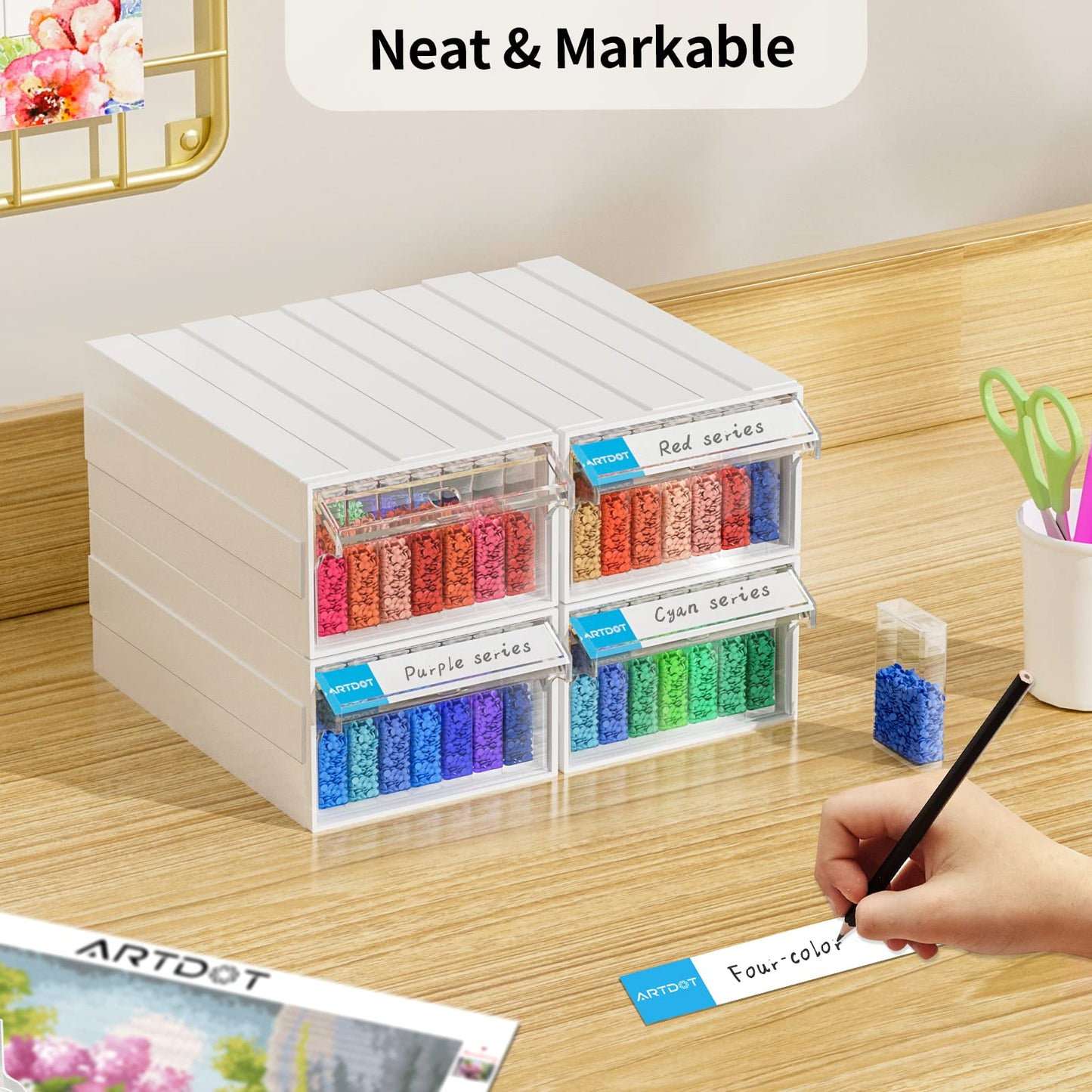 ARTDOT Diamond Painting Storage, 4 Pack Stackable Bead Organizer 140 Slots Individual Containers with Diamond Art Accessories and Tools for Beads Nail Pill Rhinestones Seed