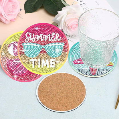 Leatrice 8PCS Beach Diamond Art Coasters Small Diamond Painting Kits for Adults Diamond Dots Round Full Drill Diamond Coasters with Holder Easy Art Crafts for Beginners Women