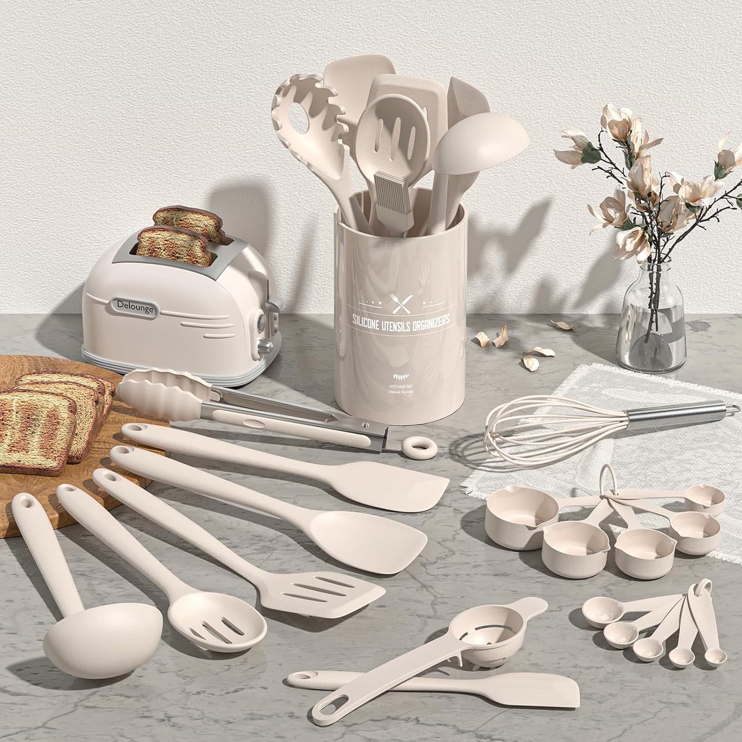 Silicone Kitchen Cooking Utensils Set - Umite Chef 22Pcs Heat Resistant Tools for Nonstick Cookware (Khaki).