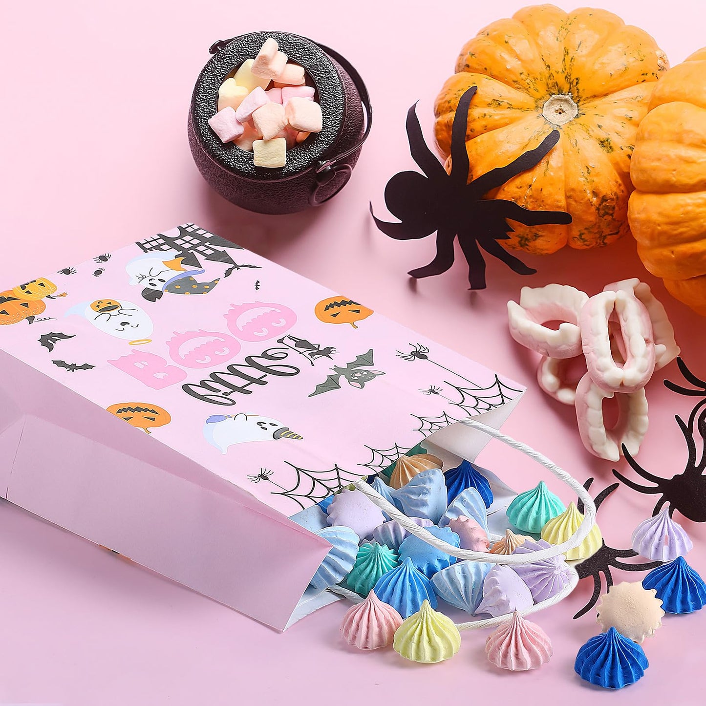Kolldenn 48 Pink Halloween Snack Bags with Handle Hey Boo Treat Bags Bulk Pink Party Favors for Halloween Parties & Decor