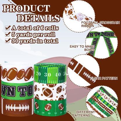 Whaline 6 Rolls Football Grosgrain Ribbon 30 Yards Rugby Ball Field Decorative Fabric Ribbons Team Sports Wrapping Ribbon for Party Decor DIY Bow Wreath Crafts Making, 7/8 Inch