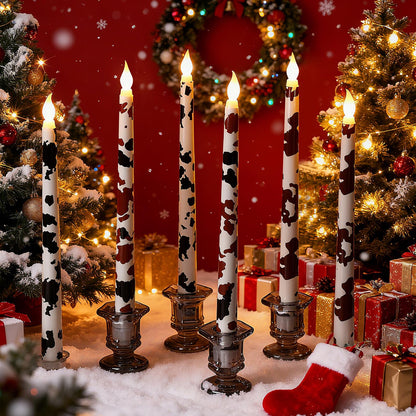 Kittmip 6 Pcs Christmas Cowhide Printed Flameless Taper Candles 11 Inch Battery Operated LED Western Country Rustic Candles Farmhouse Table Centerpiece for Xmas Holiday Party Decor Gifts