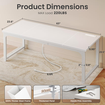 Huuger 63 x 24 inch Desk with Power Outlets & USB-C, Deeper & Thicker Desktop, Robust Metal Tubes, Computer Desk, Heavy Duty Office Desk, Work Gaming Desk, for Home Office, White