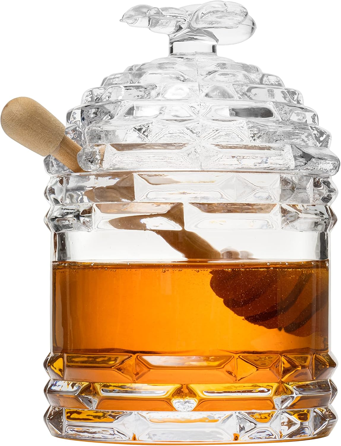 14oz Crystal Bee Honey Dish Jar with Dipper and Lid Elegant Glass Beehive Honey Pot for Rosh Hashanah, Holidays