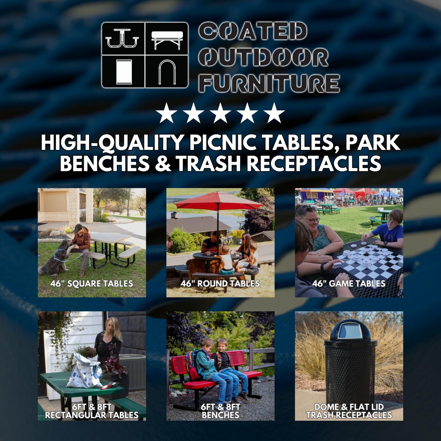 COATEDOUTDOORFURNITURE Heavy-Duty Portable Outdoor Picnic Table with Umbrella Hole, Expanded Metal Commercial-Grade Patio Dining Furniture Made in America (46" Square Top, Textured Black)
