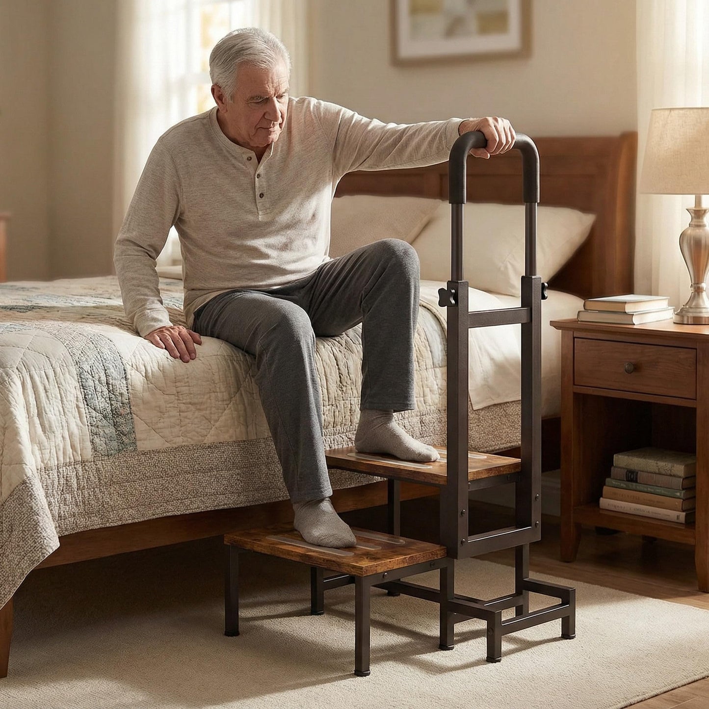 VonDream 2-Tier Bed Step Stool with Adjustable Handrails for High Beds