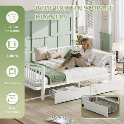 KEIKI Queen Size Metal Platform Bed Frame with 2 Storage Drawers, Modern Daybed with Strong Metal Slats & Upgraded Safety Round-Pipe Design, No Box Spring Needed, Easy Assembly, for Bedroom, White
