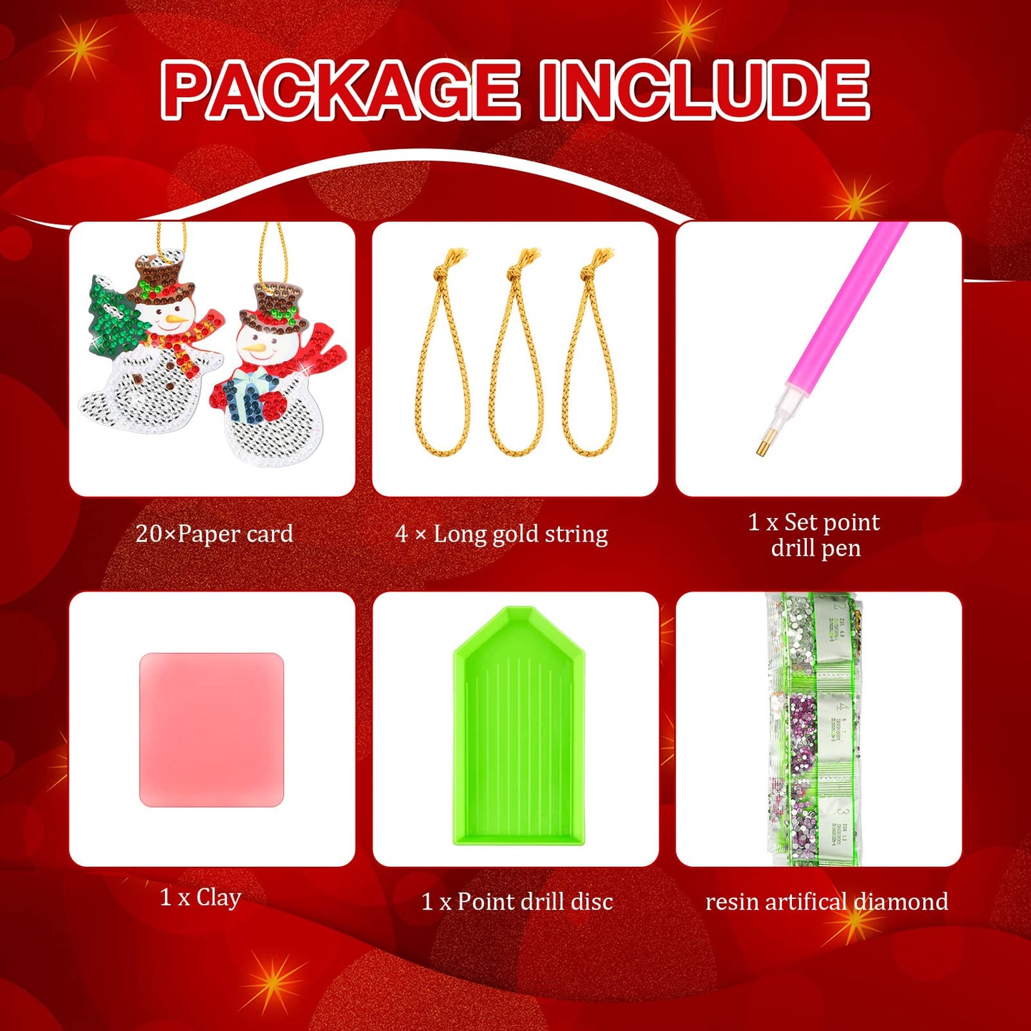 Jetec 20 Pcs Diamond Art Christmas Ornament 5D DIY Christmas Diamond Painting Keychain Kit Xmas Hanging Paint Kit Snowman Santa Art Rhinestone Pendant Key Ring for Adult Craft Decor Supply