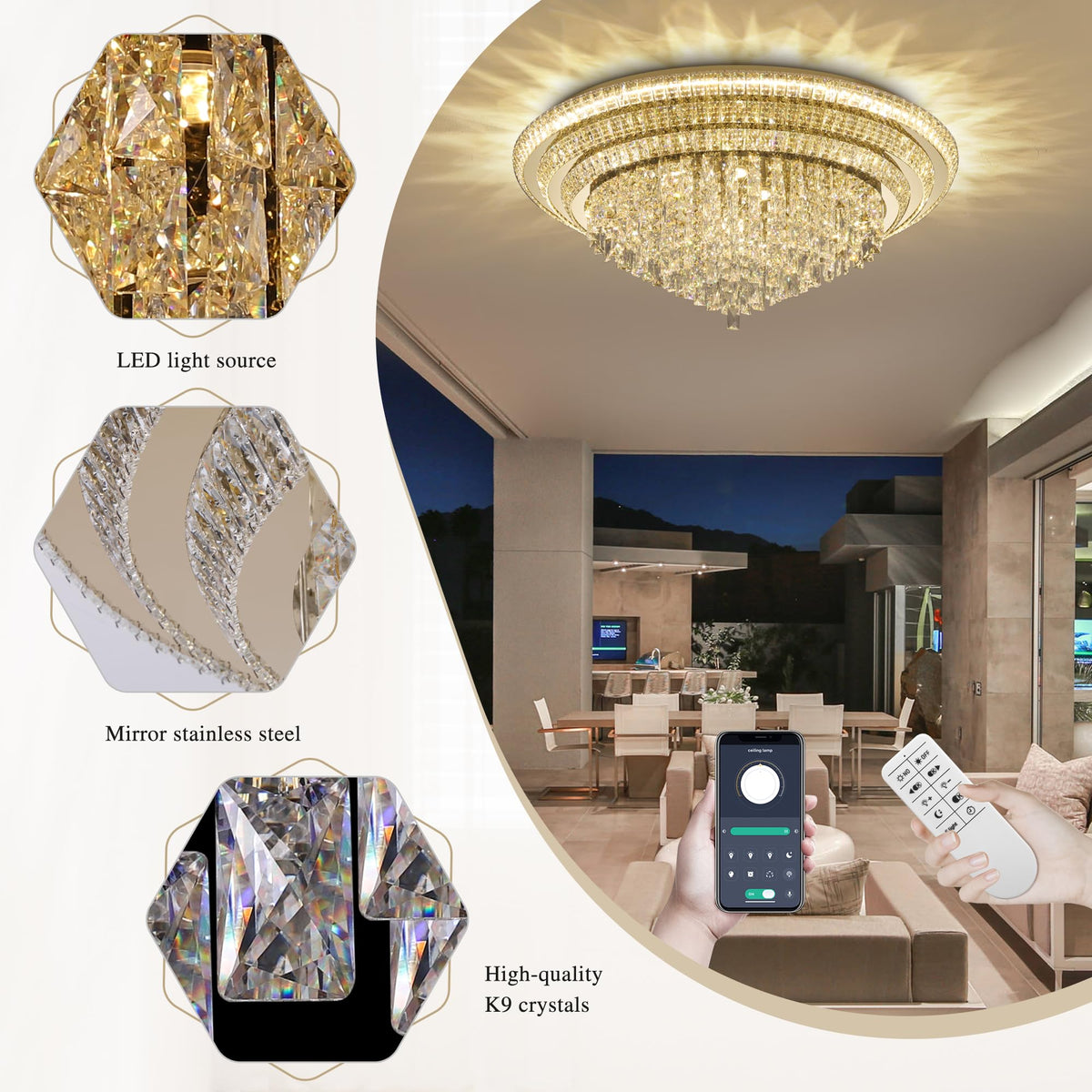 40 inch Flush Mount Crystal Chandeliers with Remote and APP Gold, Modern Elegant LED Crystal Raindrop Ceiling Light Fixture, 3CCT Dimmable, for Living Room Kitchen Island Bedroom Entryway Foyer