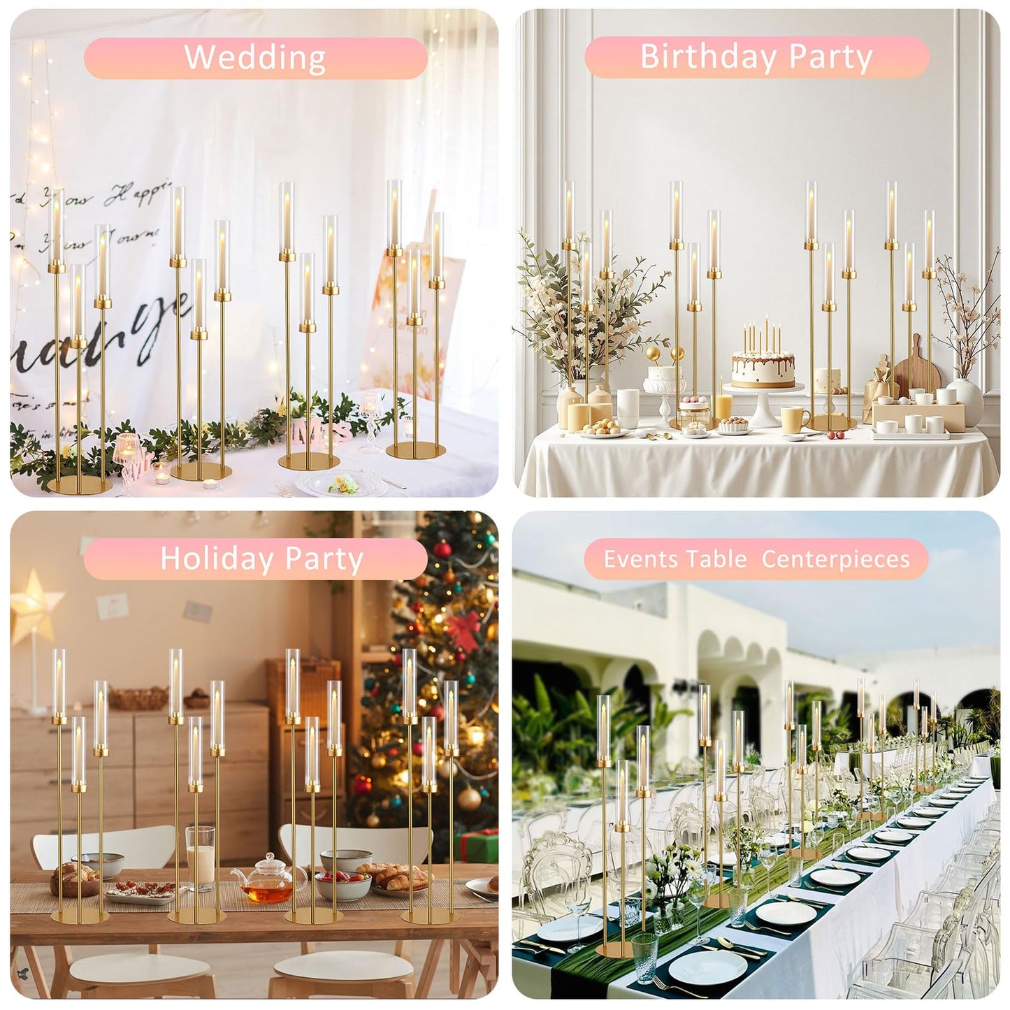 Vincidern 4pcs Gold Candelabra 3 Arm Taper Candle Holders with Acrylic Lampshade, 33.8'' Tall Candelabra Centerpiece for Table, Wedding, Party, Events Decorations, Candlestick Holders Fit LED Candles