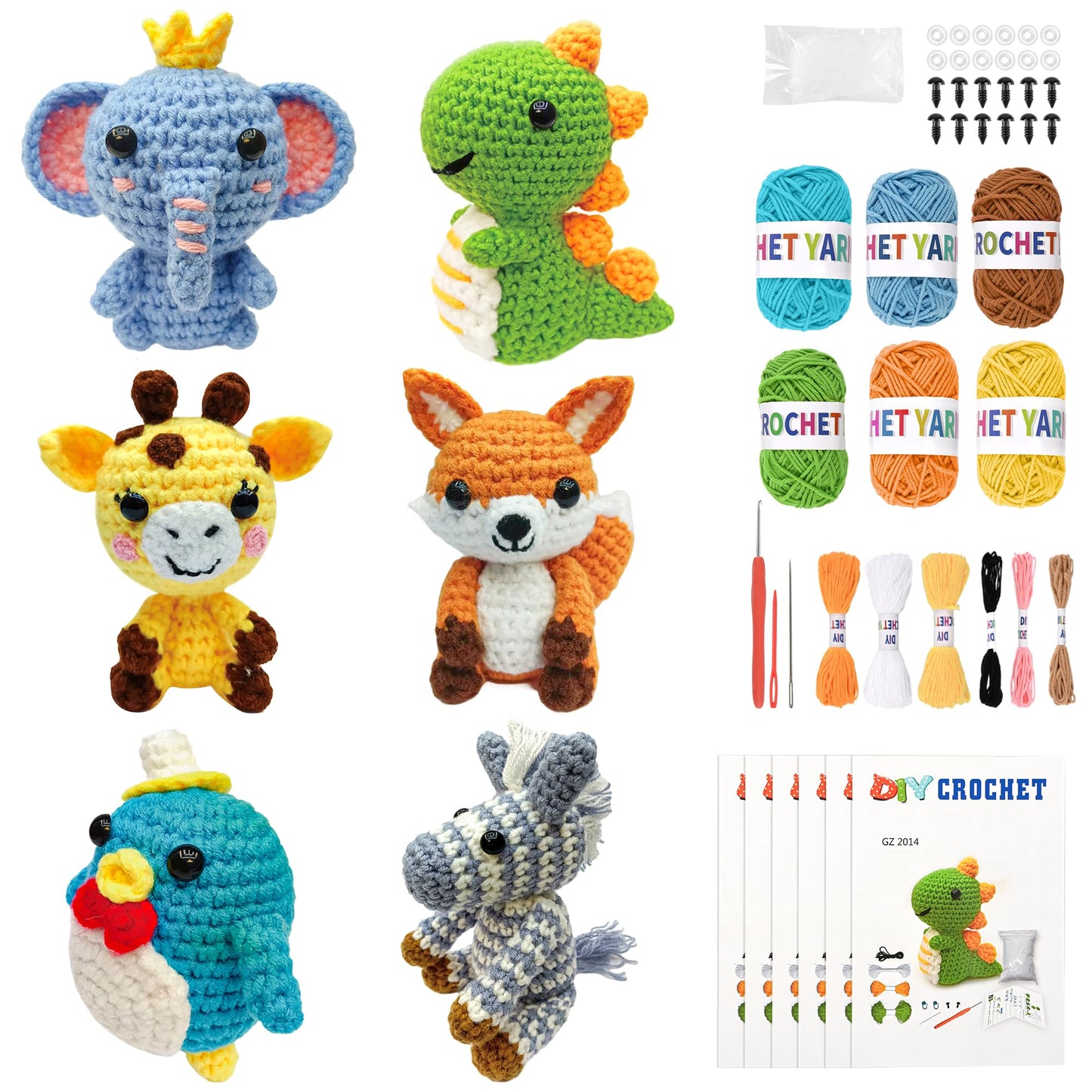 Asopetch 6Pcs Crochet Kit for Beginners, DIY Craft for Adults and Kids, Great Gife for Crochet Lovers, Crocheting Animal Kits with Step by Step Videos,Yarn,Crochet Hook,Birthday, Holiday Gift