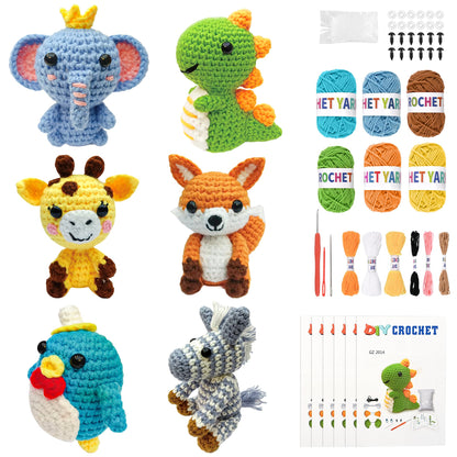 Asopetch 6Pcs Crochet Kit for Beginners, DIY Craft for Adults and Kids, Great Gife for Crochet Lovers, Crocheting Animal Kits with Step by Step Videos,Yarn,Crochet Hook,Birthday, Holiday Gift