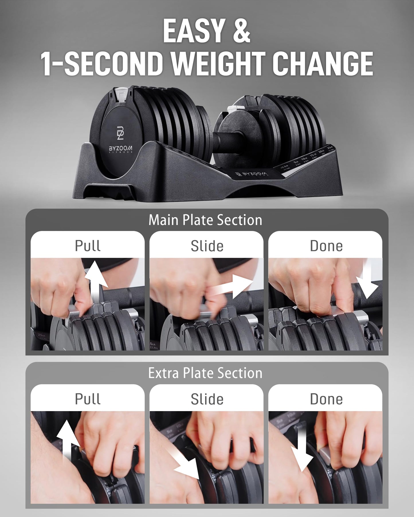 BYZOOM FITNESS Pure Series Adjustable Dumbbell – 27.5LB Pair Set of 2 – 10-in-1 Adjustable Weights for Home Gym, Garage Gym, Small Apartments, for Strength Training & Fitness Workouts, Black