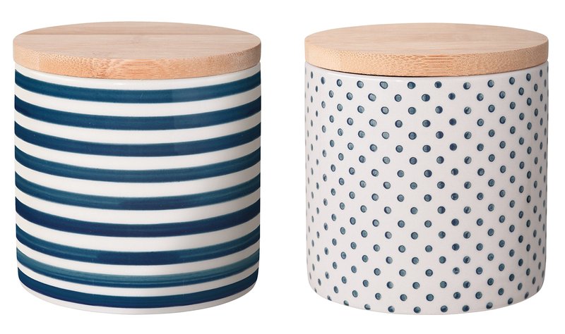 Bloomingville Ceramic Jar with silicone gasket seal Isabella - Storage Canister with lid for food Dia 4'' H 4'', blue, Stoneware, Set of 2 Styles, content 14 fl oz