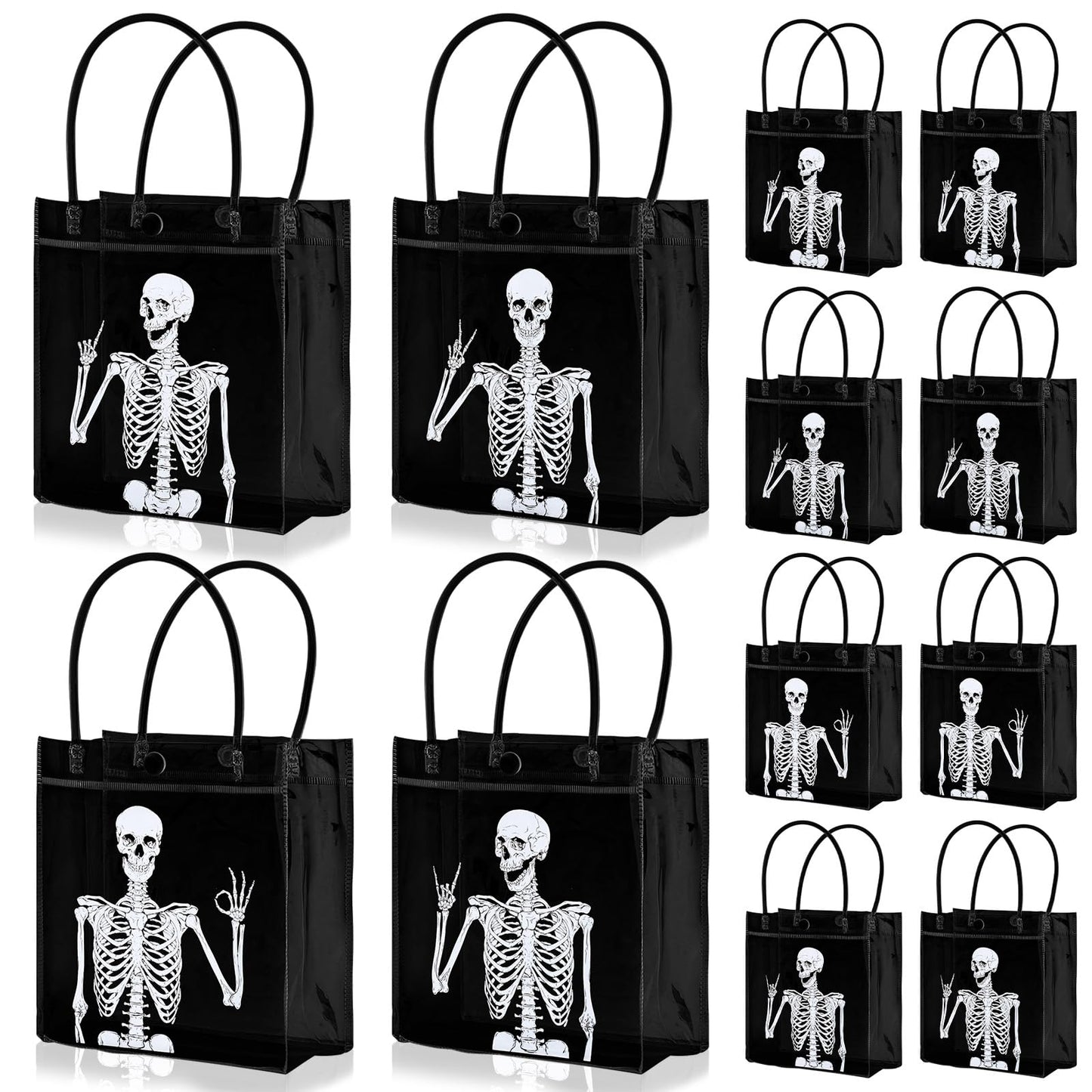 Whaline 12 Pcs Halloween Skeleton PVC Gift Bags Black White Skeleton Party Favor Bags with Handles Day of the Dead Reusable Clear Treat Tote Bag for Trick or Treat Holiday Birthday Party Supplies