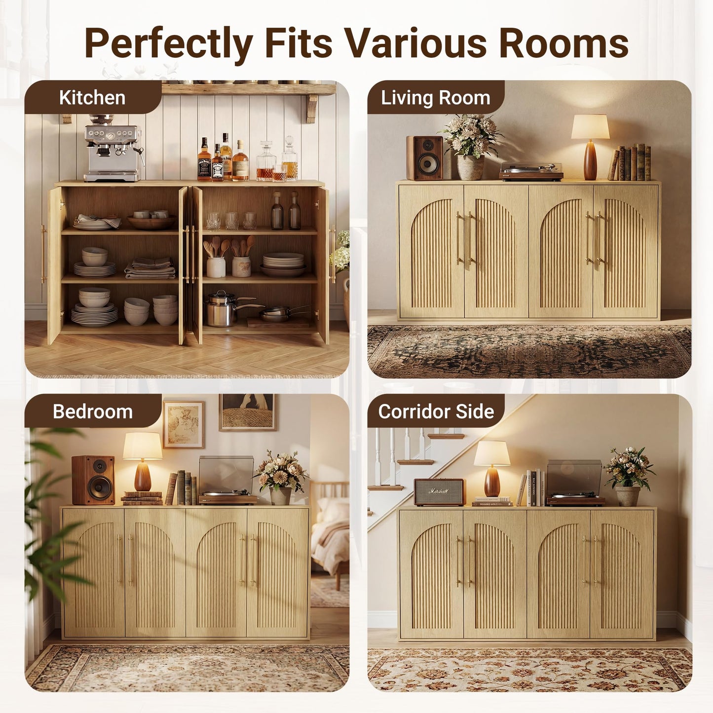 Seang Buffet Cabinet with Storage,55" Modern Arched Sideboard Cabinet with 4 Fluted Doors,Metal Handle and Adjustable Shelf,Wooden Console Table Credenza for Living Room,Entryway,Natural