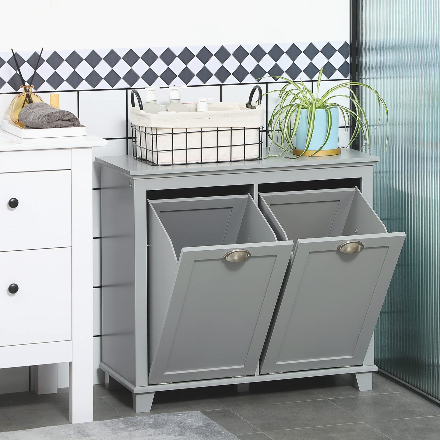 Amacv Tilt-Out Laundry Sorter Cabinet, Bathroom Storage Organizer with Two-Compartment Tilt-Out Hamper, Gray