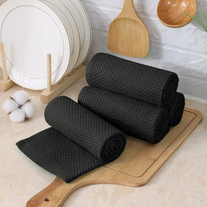 Kitinjoy 100% Cotton Kitchen Towels and Dishcloths Set, 8 Pack-13" x 28" and 12" x 12" Waffle Weave Dish Towels, Ultra Soft Absorbent Quick Drying Dish Rags, Black