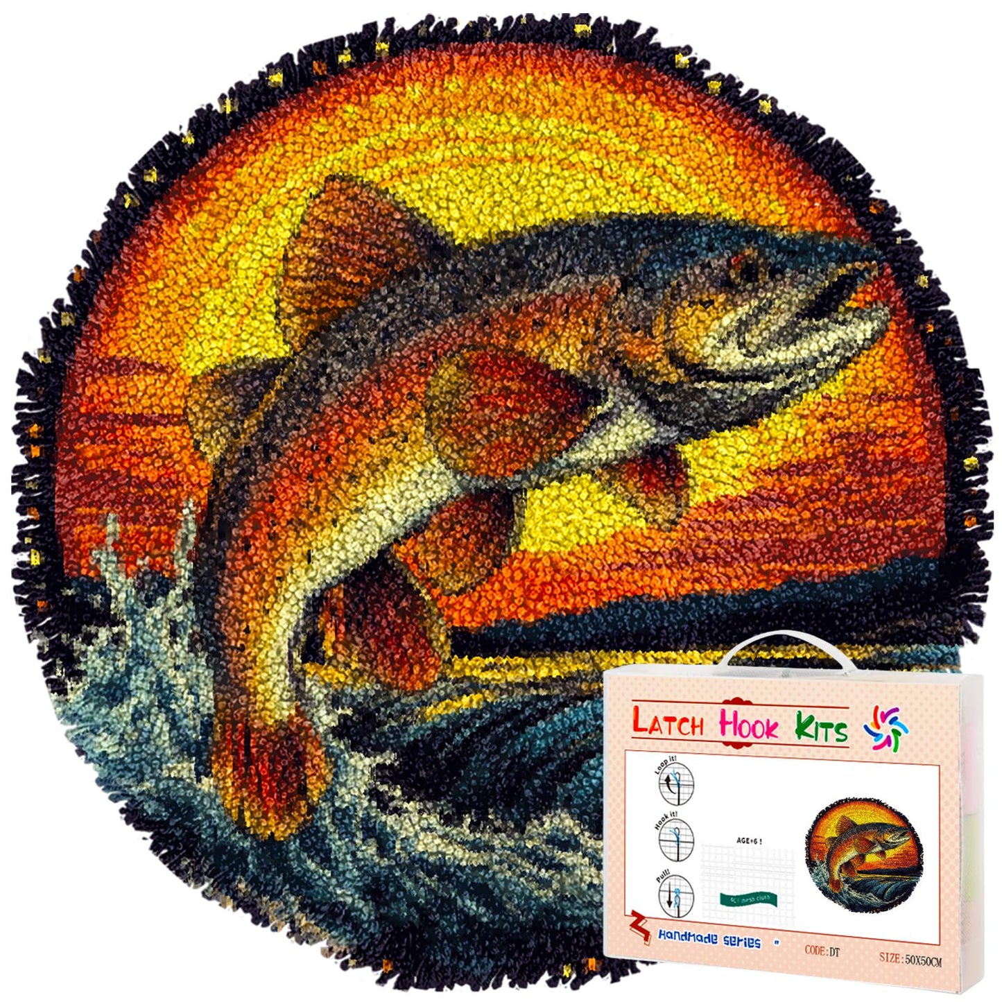 Latch Hook Rug Kit for Adults Trout Fish Jumping Out River and SunsetStamped Handmade Round Shape Carpet Crochet Yarn Craft DIY Hook and Latch Door Mat Tapestry for Home Floor Decor 50x50cm(6)