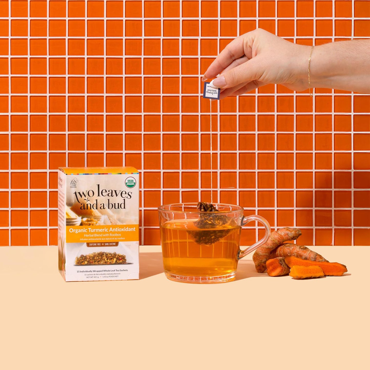 Two Leaves and a Bud Organic Turmeric Tea, Naturally Caffeine Free, Whole Leaf Herbal Tea in Sachets, 15 Count (Pack of 6)