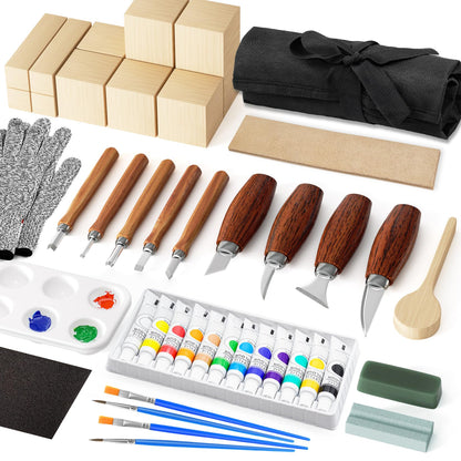 Wood Carving Kit, Wood Carving Tools Set with Carving Knives Detail Knives Basswood Blocks Gloves Polishing Compound Coloring Set, Wood Whittling Kit for Beginners DIY Hobbies for Adults