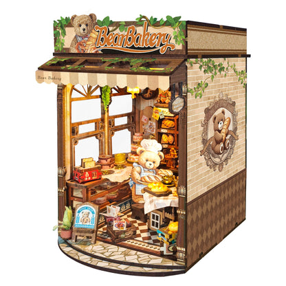 IBOHEYE Mini Book Nook Kit,DIY Miniature House kit,3D Puzzle Dollhouse Bookshelf Decor,Store Theme Booknook with LED Light Dust Cover,Gifts for Adults Teens and Beginners- Bear Bakery(SQ-65)