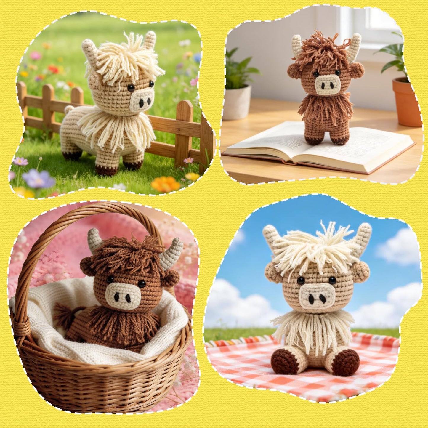 GONELYON Crochet Kit for Beginners, 2 PCS Crochet Animal Kit Highland Cattle, with Step-by-Step Video Tutorials, Beginner Crochet Kit for Adults, DIY Amigurumi Animal Craft Kit