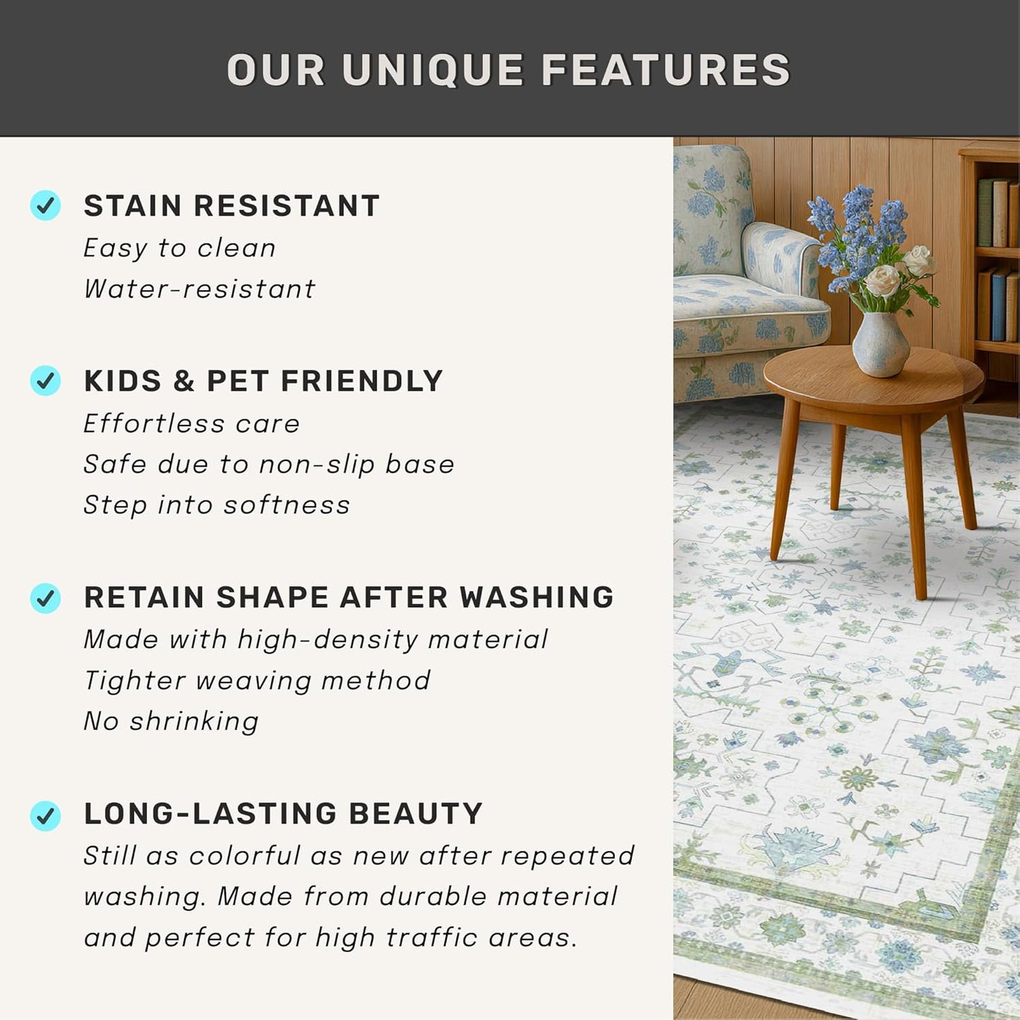 Oushak Boho Bathroom Rug - Cream Green & Blue Floral Design, Washable Non-Slip Low Pile, 2x4 ft